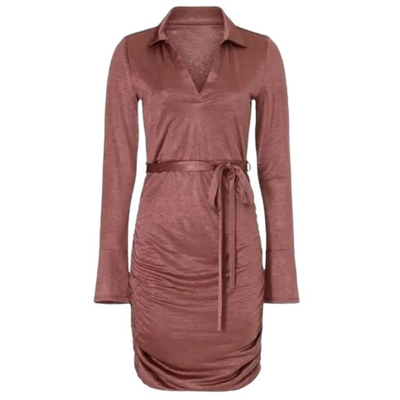 Louna Dresses & Skirts - LOUNA Brown Satin V-Neck Ruched Dress Tie Belt Longsleeve - Size Extra Small